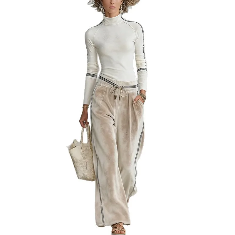 

Foreign Trade Autumn Winter Fashion Casual Sports Suits Korean Velvet Long Sleeves Solid Color High Collar Zipper Wide-leg Pants