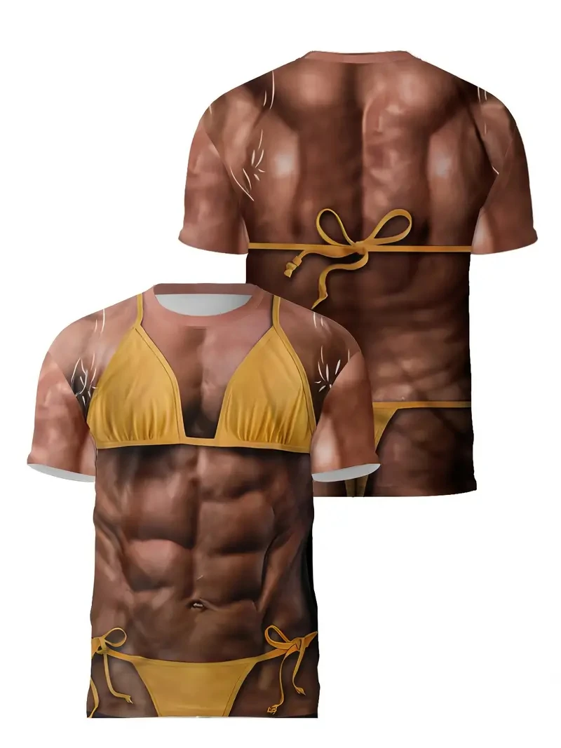 3D Muscle Printed T-shirt with Interesting Personality Men's Street Short Sleeved Ugly Chest Hair T-shirt Plus Size Clothes