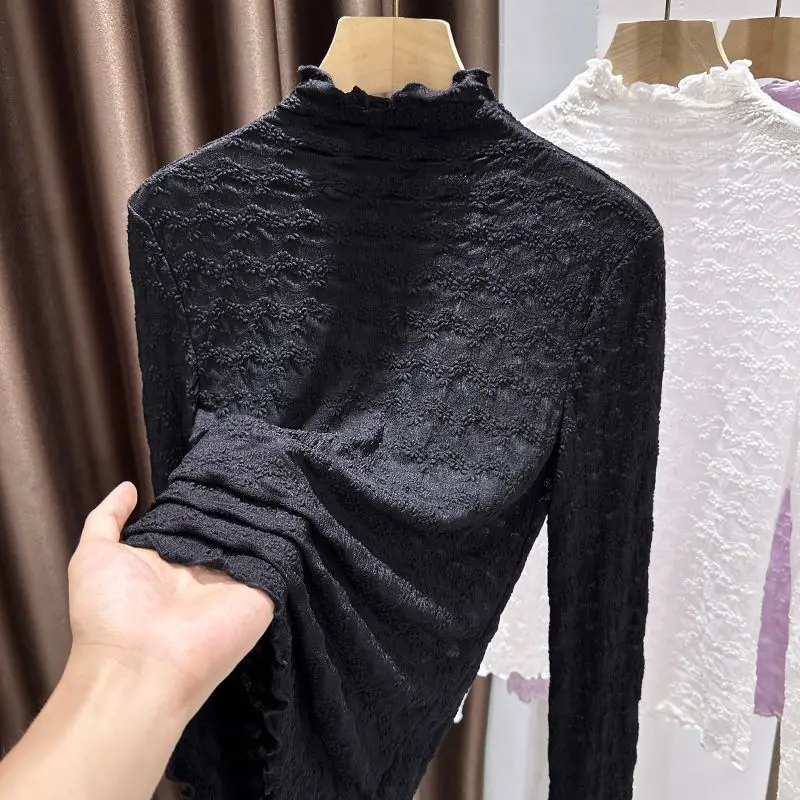 الراقية الأرجواني أنيقة شبكة طويلة الأكمام قاع قميص للنساء في الخريف رقيقة وأنيقة نصف عالية تي شيرت بياقة