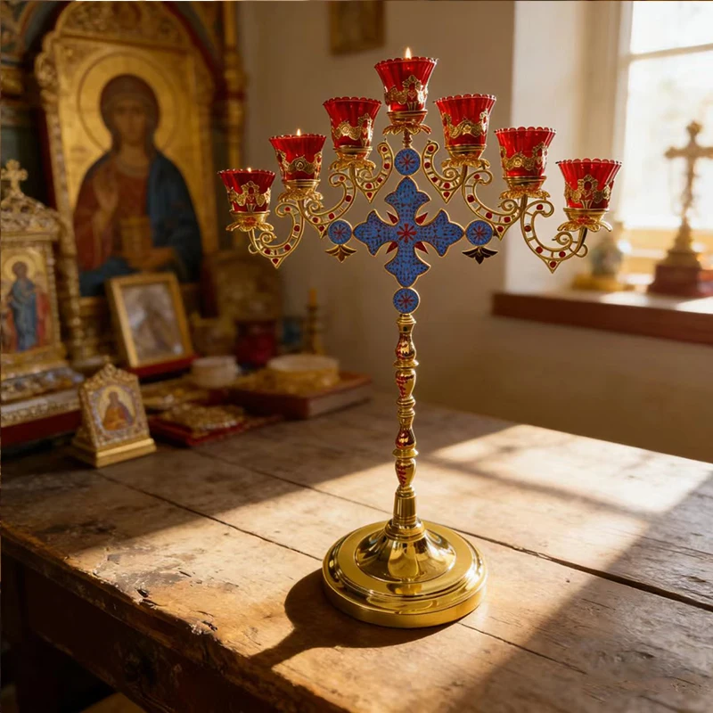 

Gold Plated Orthodox 7 Arms Church Candelabra with Red Glass Cups Enamel Cross for Liturgy Home Altar Devotion Christian Gift
