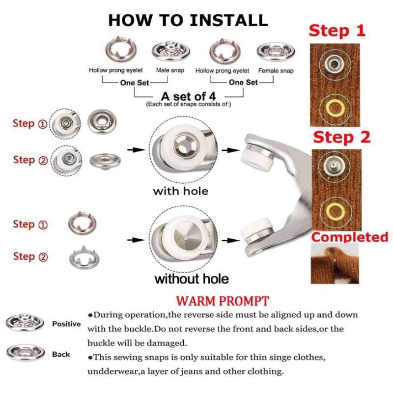 Metal Prong Snap Botões, Grampos, Press Rebites, Sliders Buckles, Skin Care Studs, Snap Fasteners com Alicate, 8 Tipos, Novo