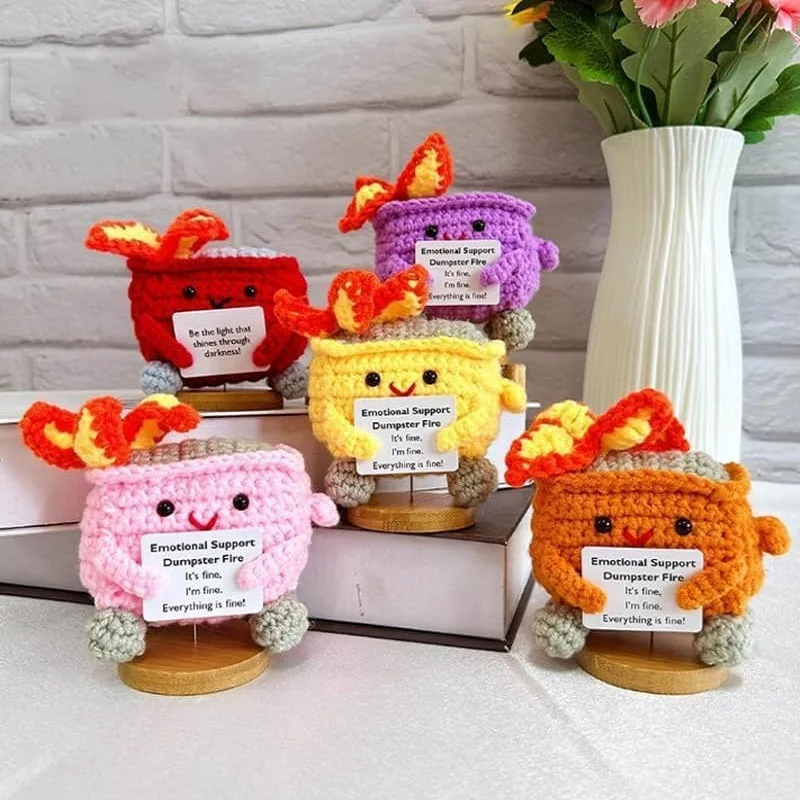 Emotional Crochet Dumpster Fire Handmade Dumpster Fire Doll Christmas Dumpster Fire Knitting Toy Ornaments with Positive Card