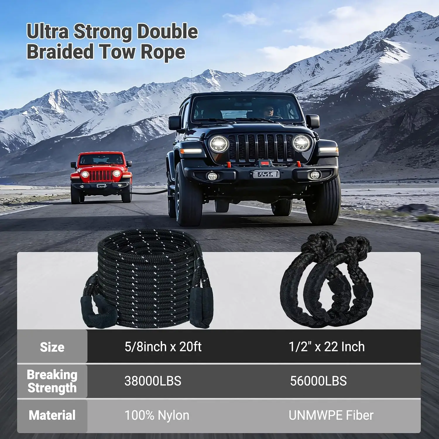 Kinetic Recovery Tow Rope Kit - 35% Stretch, 5/8inch x 20ft 15,100lb Breaking Strength Tow Strap with 2 Soft Shackles - Black