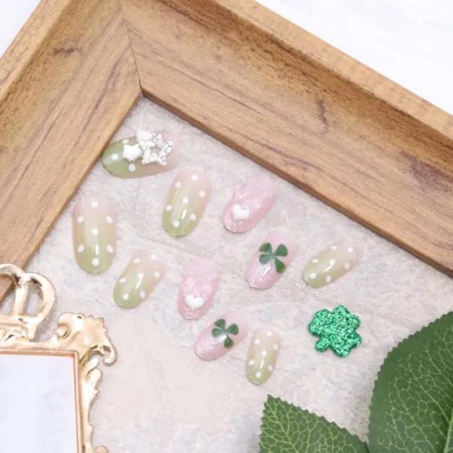 24Pcs Almond Press on Nails Short St Patricks Day Fake Nails with 3D Heart Bow Star Designs Glitter Green Shamrock False Nail W view 4