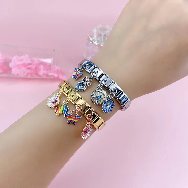 Hapiship New Original Daisy Colour Flower Butterfly Owl CZ Italian Charm Fit 9mm Bracelet Stainless Steel Jewelry Making DJ268