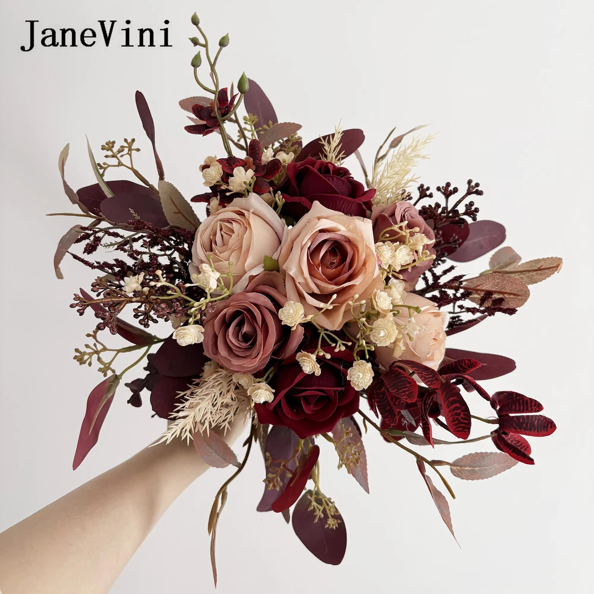 

JaneVini Bohemian Burgundy Dusty Rose Bridal Bouquet Silk Artificial Wedding Bouquet Fall Bride Bridesmaid Party Hand Flowers