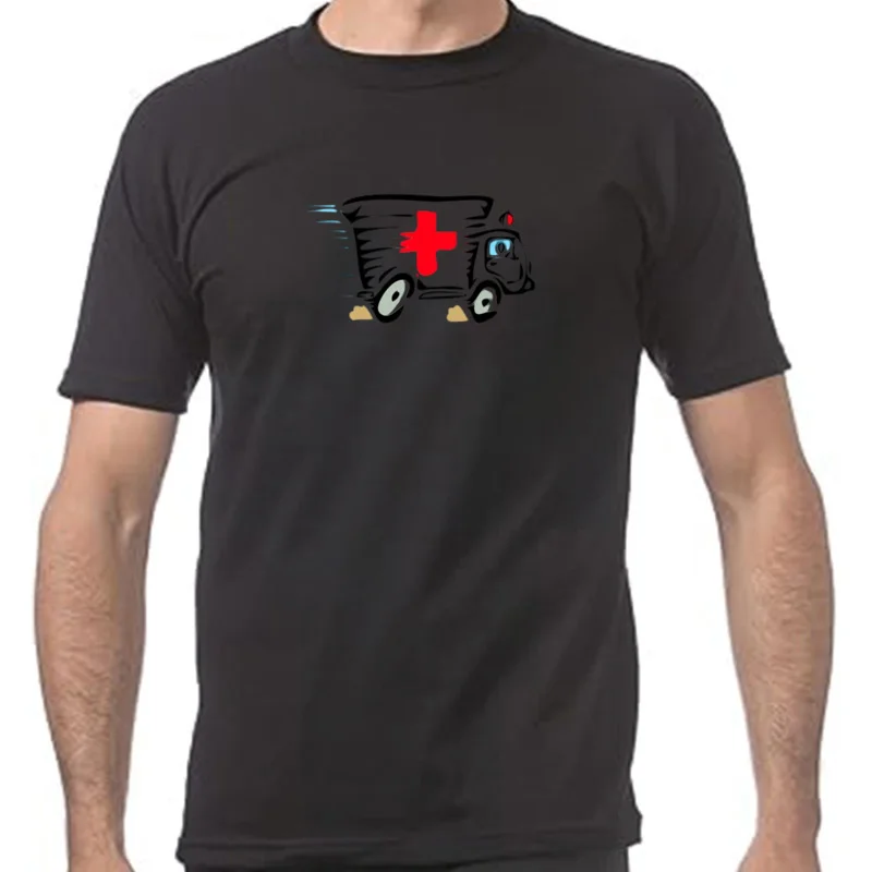 

Popular Ambulance Van Cartoon Art Design Men Tops Tees T-shirt 100% Cotton Funny Simple Style Clothing