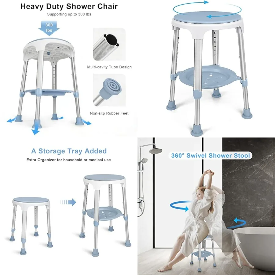 

Shower Chair for Inside Shower, Tool-Free Assembly Swivel Shower Stool with Storage Tray, Adjustable Tub Chair and Bathroom Sto