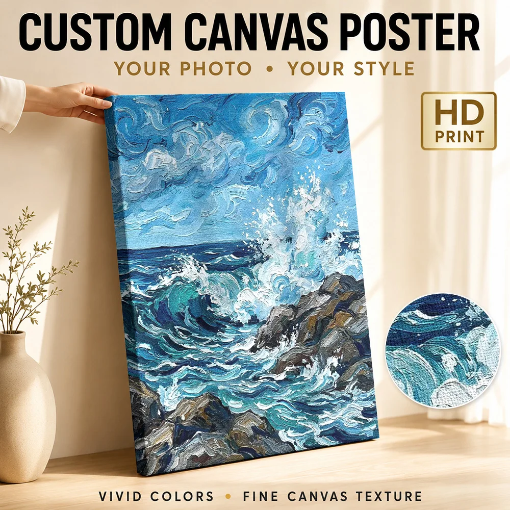 Ocean Wave Crashing On Rocks Canvas Poster Customized Photo Detailed Painterly Composition Wall Art For Coastal Cottage Lounge