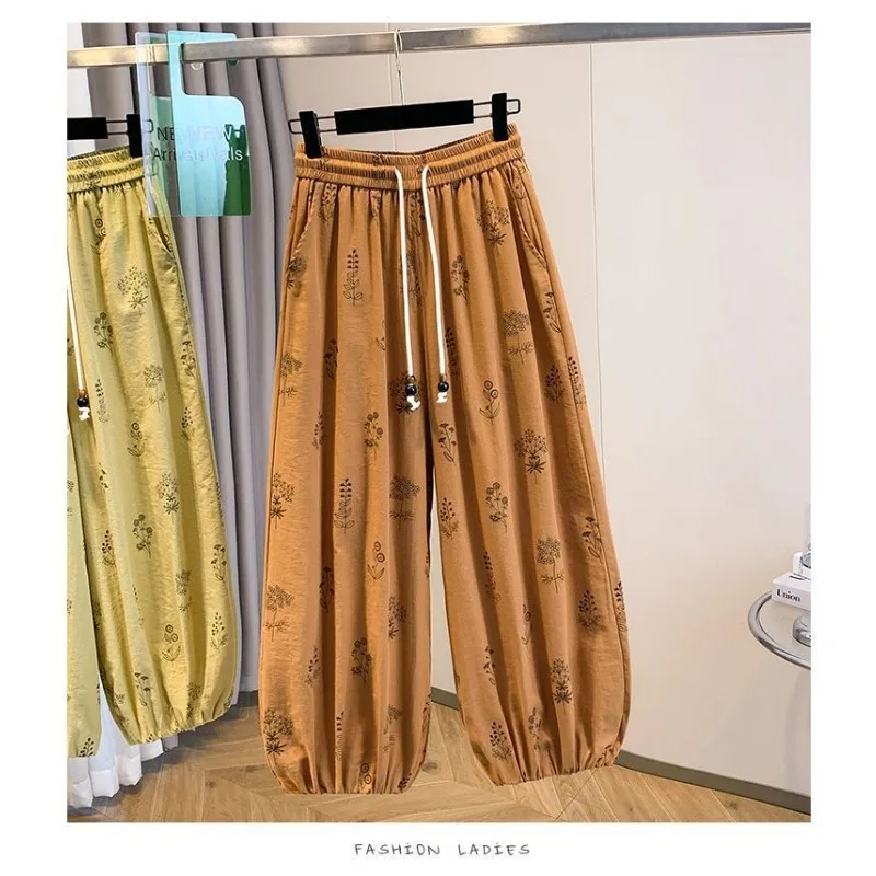 Women Vintage Floral Print Harem Pants Summer Thin Elastic Waist Loose Nine Point Carrot Casual Trousers For Petite Figures