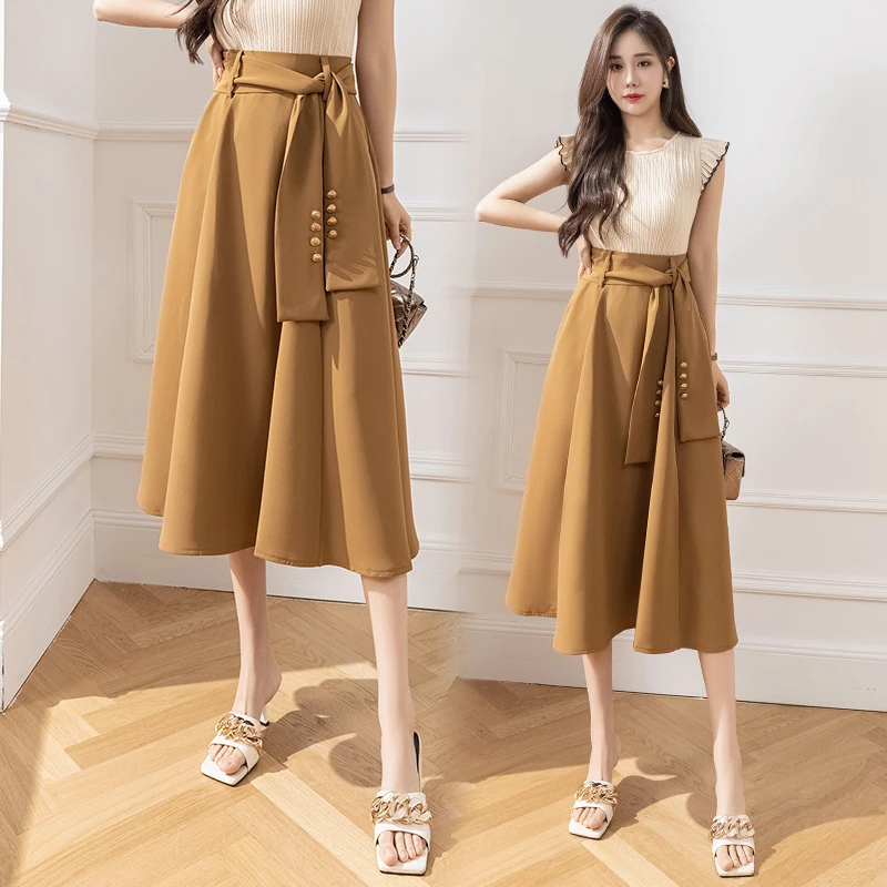 Spring Summer Women's Long Skirts Aesthetic High Waist A-Line Falda Largas Fashion Korean Style Belt Bandage Maxi Umbrella Skirt