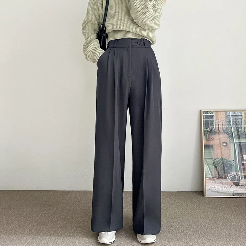하이웨이스트 여성 정장 바지 한국 스타일 디자인 감각적인 와이드 레그 팬츠 봄 신상 캐주얼 바지