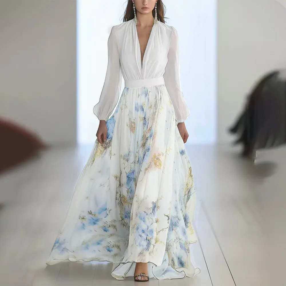 Indian Saree Woman Dress Puff Sleeve V Neck Printed Dresses Wrap A Line Maxi Dress Bubble Sleeve Floral Print Long Dress - view 2