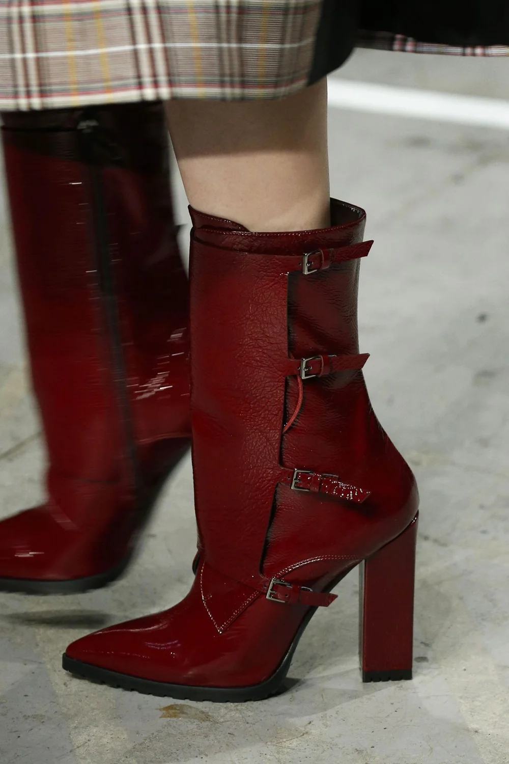 

Burgundy Patent Leather Chunky Block Heel Mid-Calf Boots Fashion Pointed Toe Multiple Buckle Straps Boots for Street Style Looks