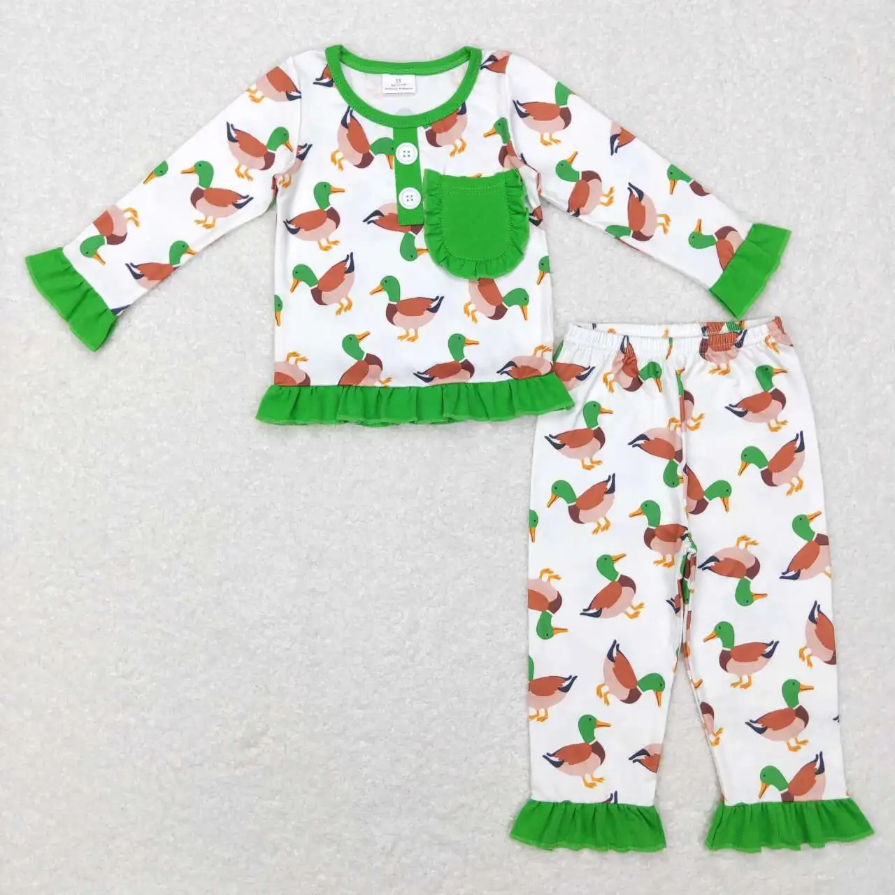 

wholesale hot sale kids western boutique outfits baby boys girls clothes Duck green pocket lace white long sleeve pantsuit