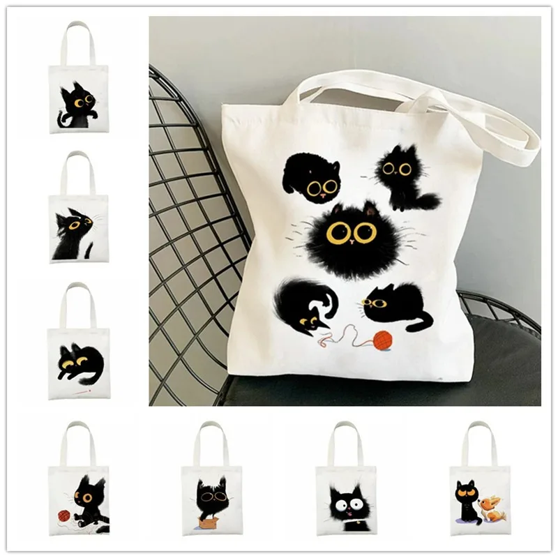 Black Cat Printed Canvas Tote Bag Foldable Harajuku Women Shoulder Handbag Eco Daily Shopping Bags Large Capacity Girls Handbags