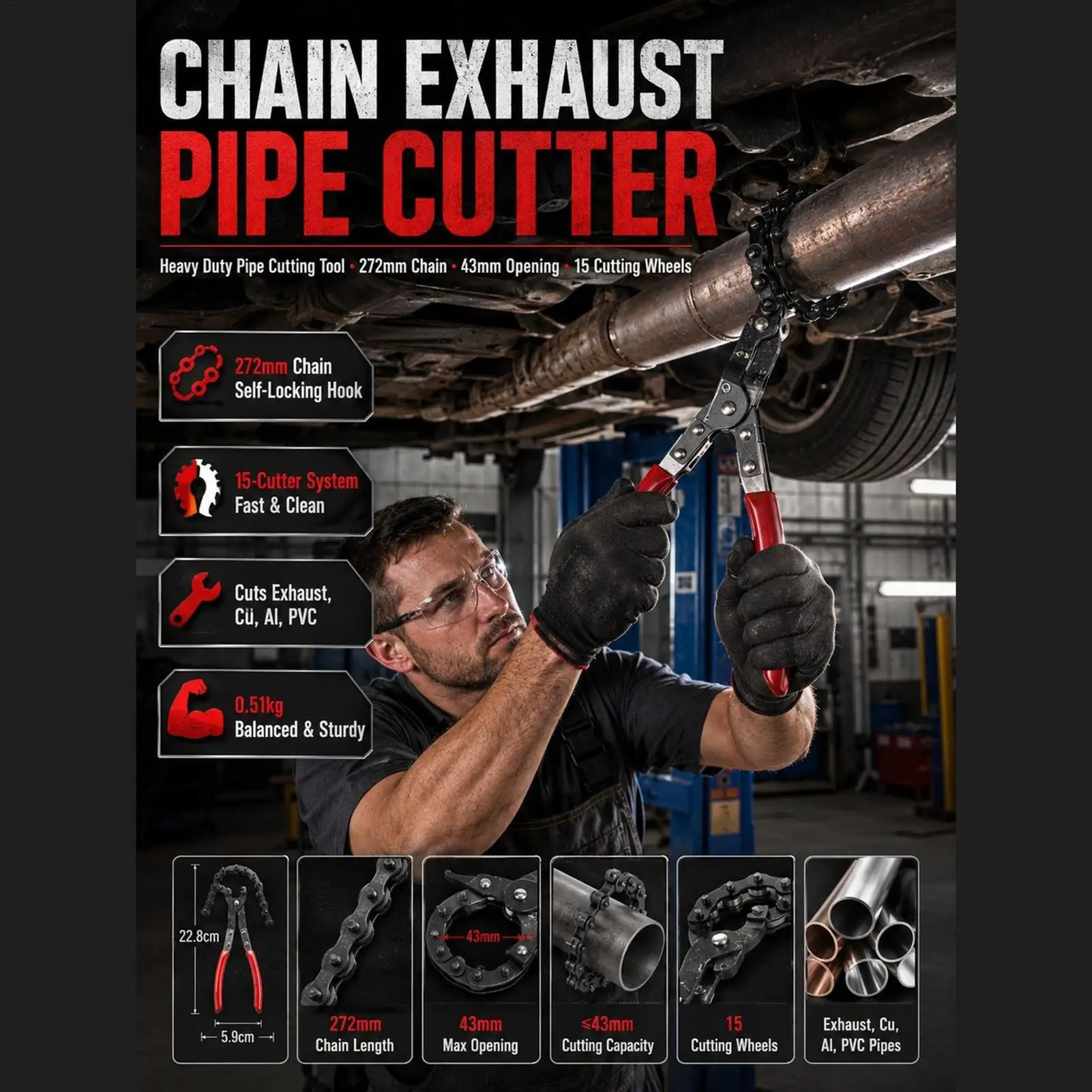 Tailpipe Cutter With Chain Metal Ergonomic Non-Slip Handle Pliers Tight Space Car Copper Pipe Cutter For PVC Aluminum Converter