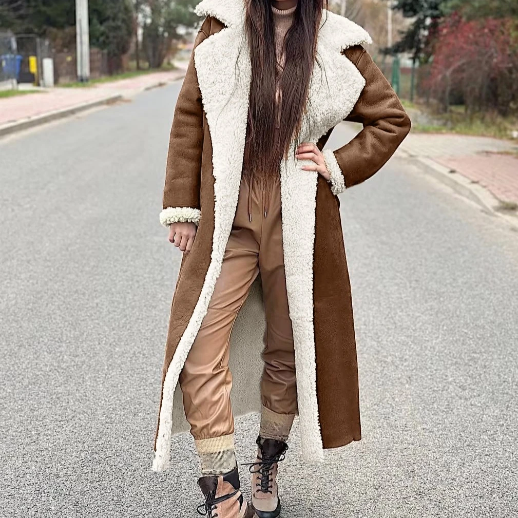 Lamb Wool Coat Women Long Coats Turn Down Collar Full Sleeve Warm Thick Maxi Mom Y2k Elegant Splice Jackets Autumn Winter