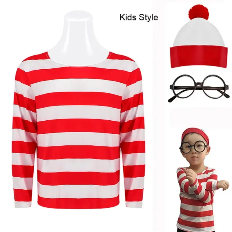 Erwachsene Kinder wo ist Wally Waldo für Cosplay Purim Kostüm rot gestreift Hemd Hut Brille Halloween Kostüm