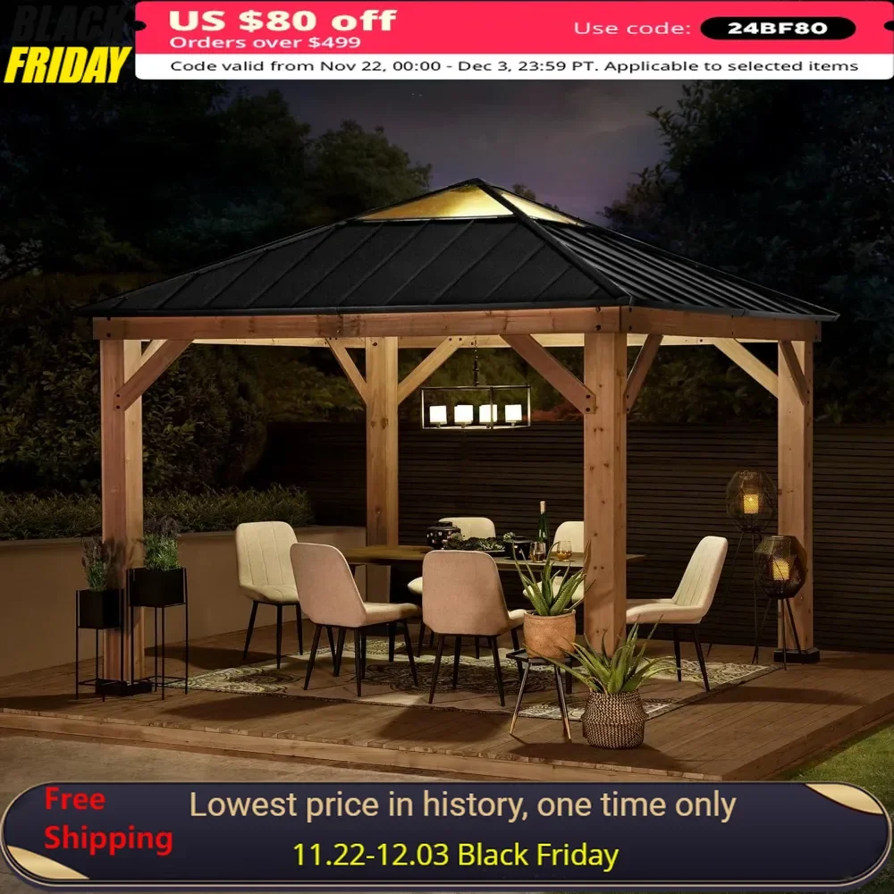 

Gazebo 11 X 11 Ft. Cedar Framed Wood Gazebos with Black Steel and Polycarbonate Hip Roof Hardtop for Garden