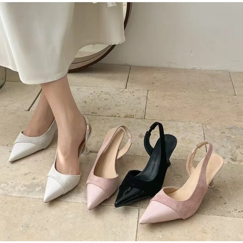 

Women Sandals Spring New Brand Woman Slingback Shoes Fashion Ladies High Heels Elegant Med Heel Pointed Toe Slip on Sandals