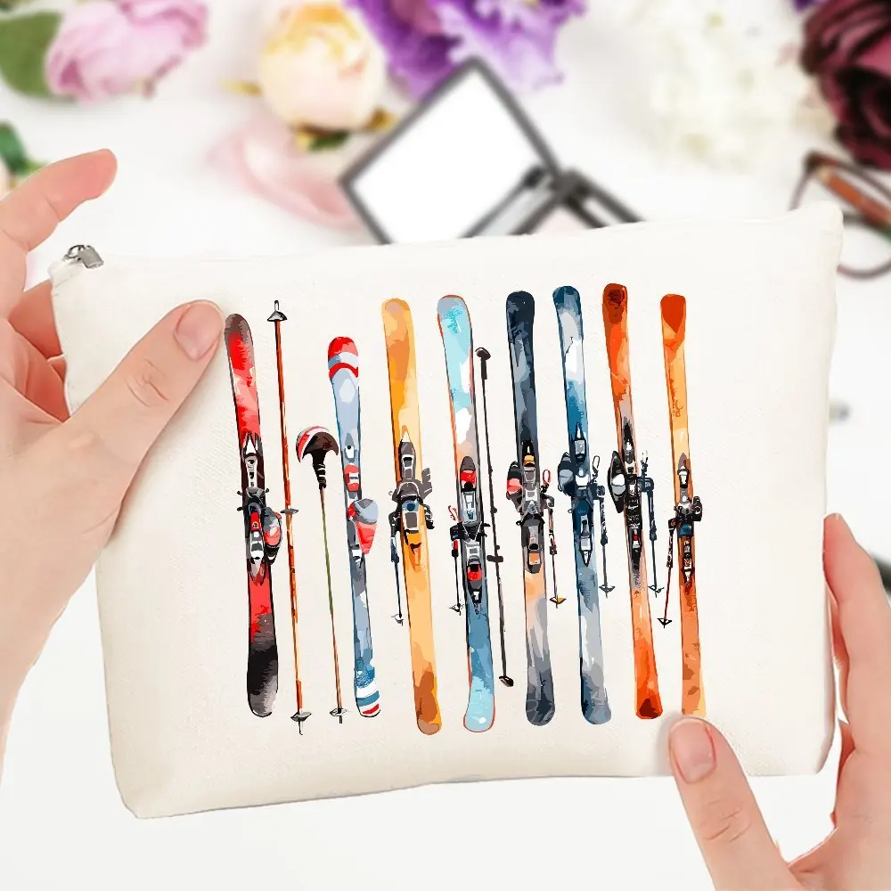 Chic Ski-Loving Girl's Makeup Bag Canvas Travel Toiletry Paouch with Open Top, Lightweight Easy to Clean for Women Gifts
