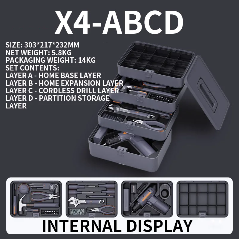 Boîte à outils combinée électrique domestique X9-ABCDEFGHI, combinaison gratuite en couches pour outils à main de bricolage et outils de réparation à domicile
