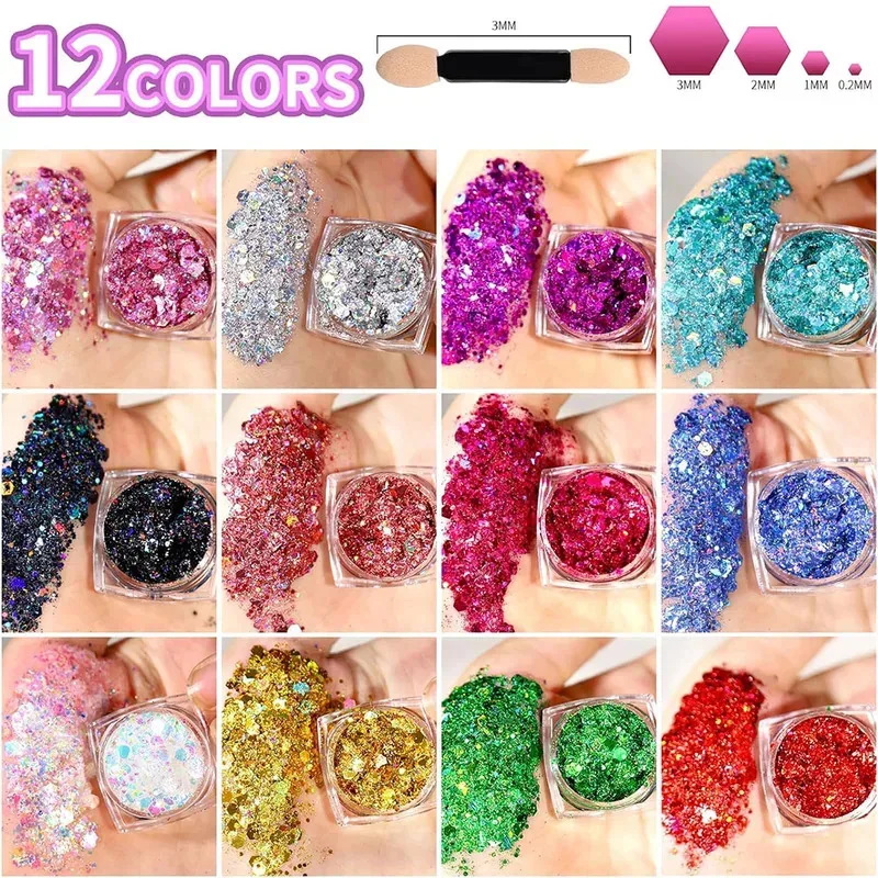 English: 12 Colors Face & Body Glitter Gel Holographic Sparkle Sequins Makeup for Party Festival Bar Halloween Cosmetic