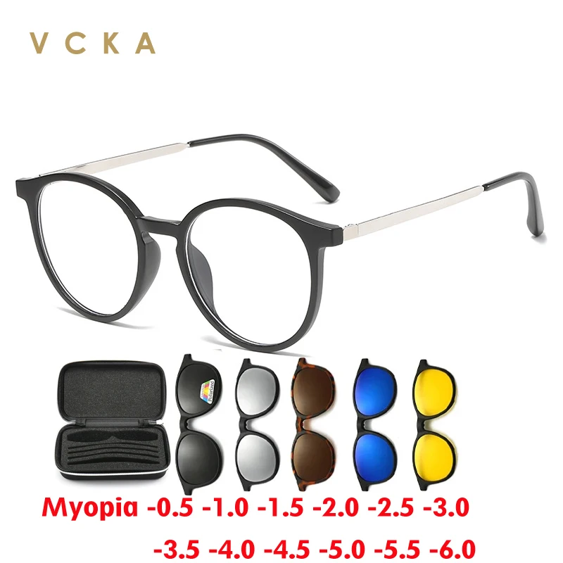 

VCKA 6 in1 Round Magnetic clip Myopia Sunglasses Fashion Eyewear Men Women Polarized Custom Prescription Glasses -0.5 TO -6.0