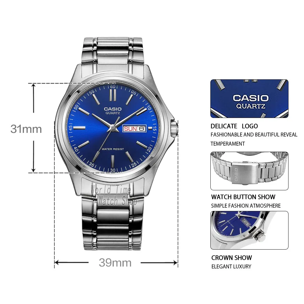 

Мужские часы Casio, простые, с календарем на неделю, водонепроницаемые, кварцевые, в деловом повседневном стиле.