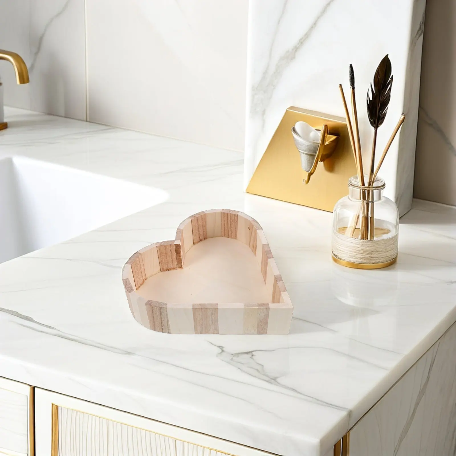 Wood Bathroom Accessories Box Matte Finish Heart Shaped Shower Organizer Portable Storage Bin Dorm Counter Spa Essentials view 2