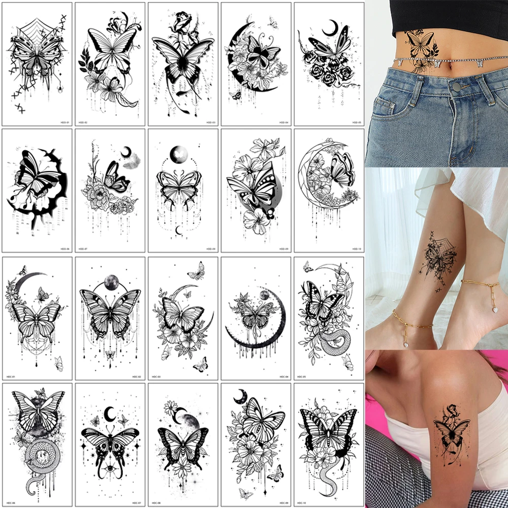 

10 шт., черный цветок, бабочка, луна, узор, татуировки, наклейки для макияжа рук и тела, водонепроницаемые временные татуировки для женщин