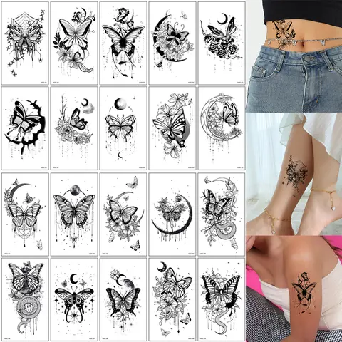 10 szt. Czarne Kwiaty Motyle Księżyc Wzór Tatuaże Naklejki na Ręce i Ciało Wodoodporne Tatuaże Tymczasowe dla Kobiet