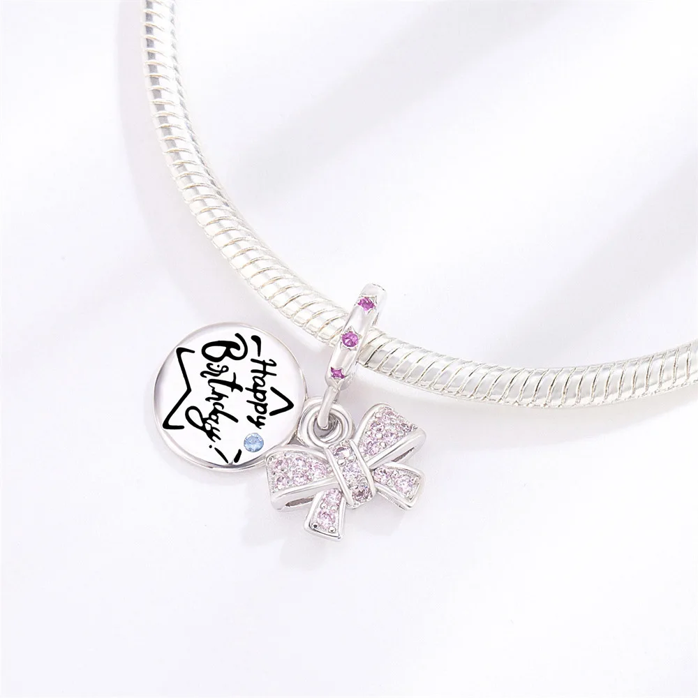 Pan Charms Original Bow Happy Birthday Dangle Charm Bracelet Pendant Jewelry Birthday Gift