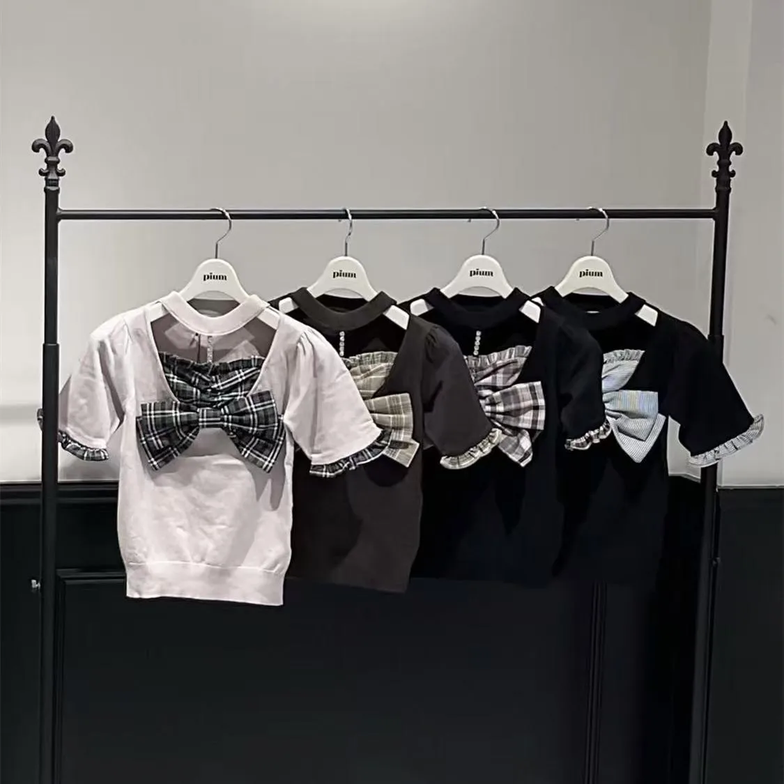 Summer Women Clothing New Product Diamond Chain Girl's T-shirts Collar Collar Bow Women's Tees Casual Lace Short Sleeve Top