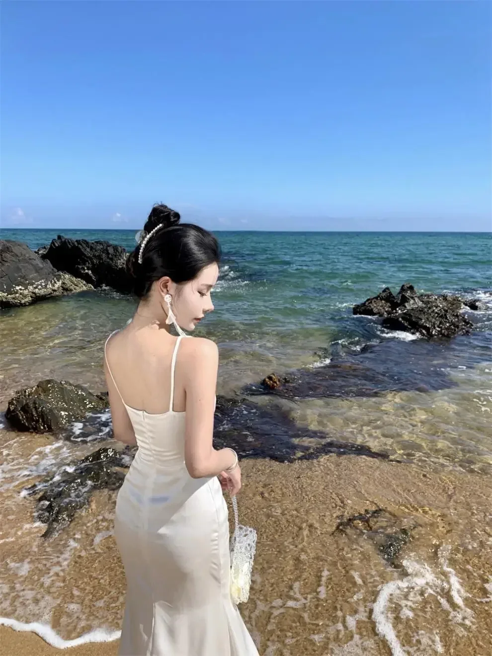 Frühling Sommer Französisch Retro Halter Strap Kleid Für Frauen Satin Fischschwanz Kleider Koreanische High-Level Gefühl Langes Kleid koreanische