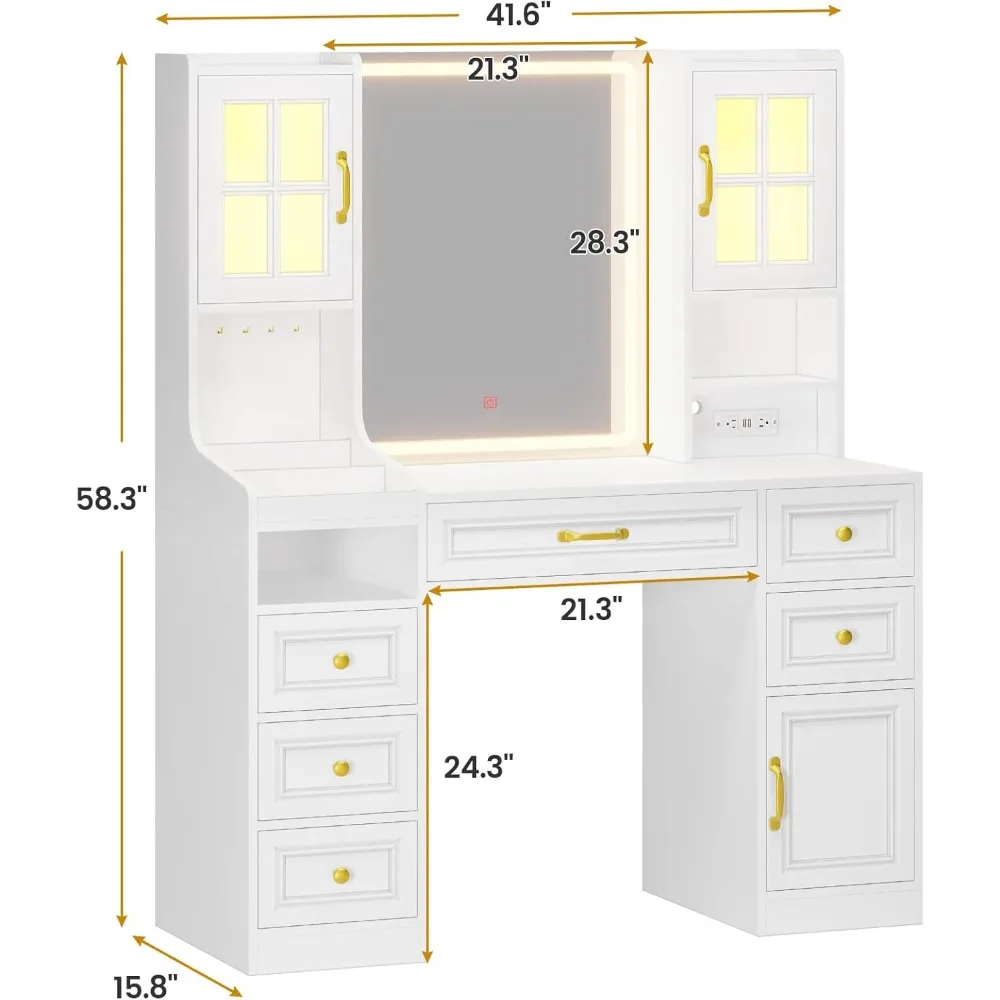 with Touch Screen Mirror and Lights, Large Makeup Vanity, 6 Drawers, 5 Jewelry Hooks, Makeups Vanities