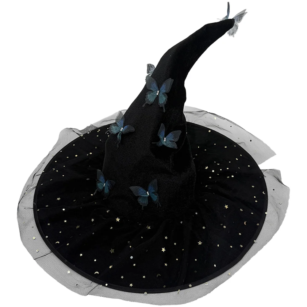 Glitter Tulle Hat Witch Hat For Spooky Witch Aesthetic Curved Silhouette Sheer Mesh Accents Star Details Textured Look
