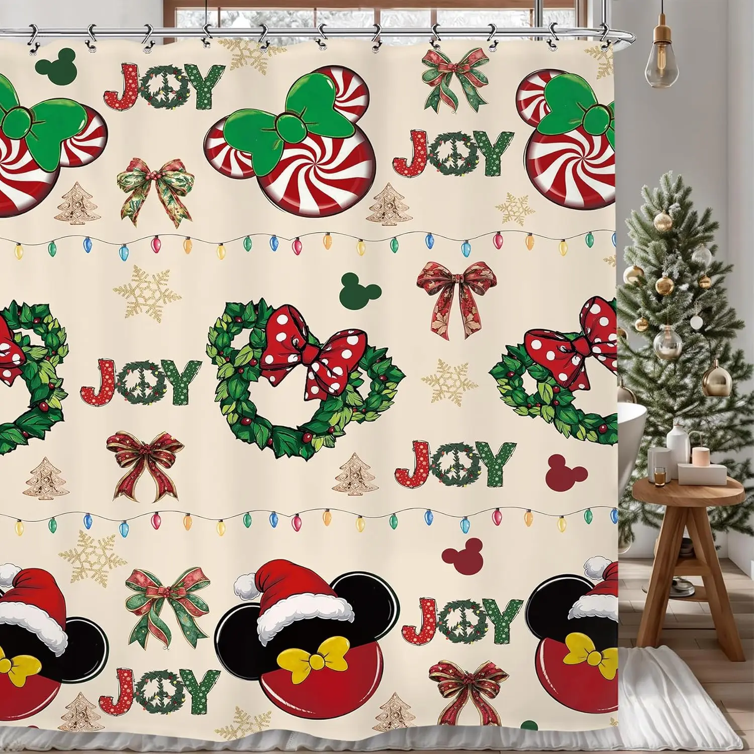 Kids Christmas Shower Curtain Cute Mouse Head Colorful Winter Xmas Lovely Holiday Wreath Bathroom Set Accessories Decor with