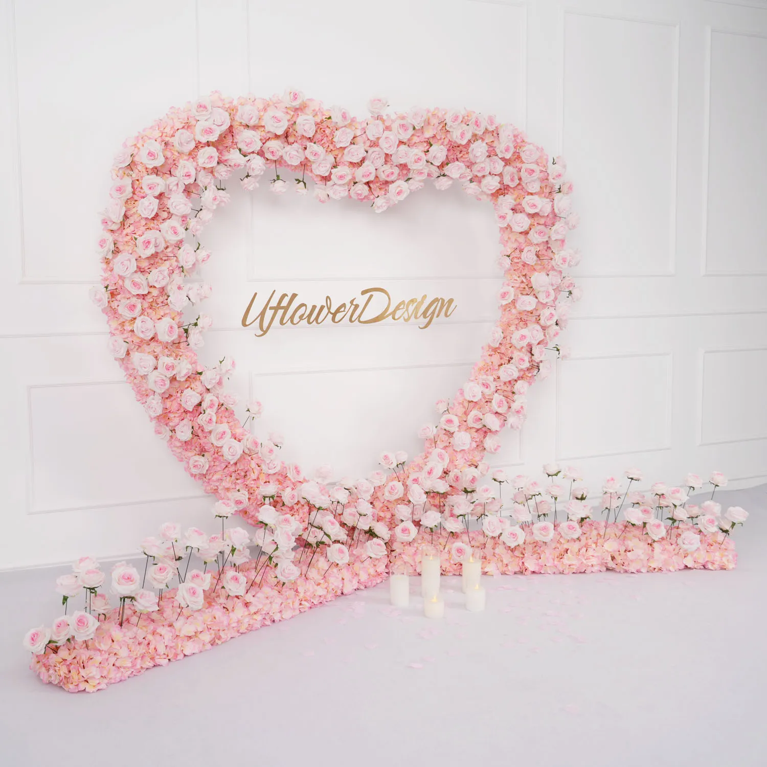 Uflower Luxury 5D Floral Arrangement Heart-Shaped Frame Pink Wedding Backdrop Decor Flower Row Party Arch Prop Stage Flower Wall