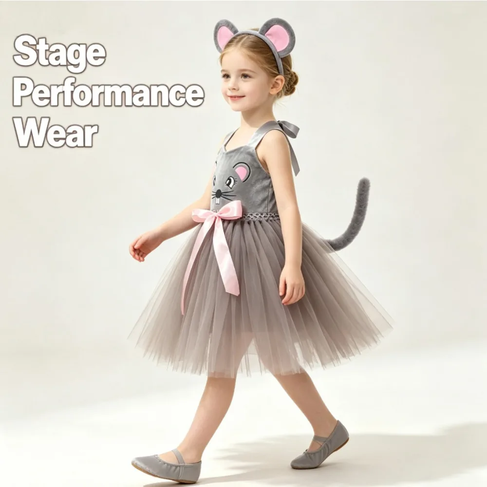 Kids Grey Mouse Animal Dress With Accessories Set Children Halloween Party Stage Performance Dress Up Birthday Themed Outfit