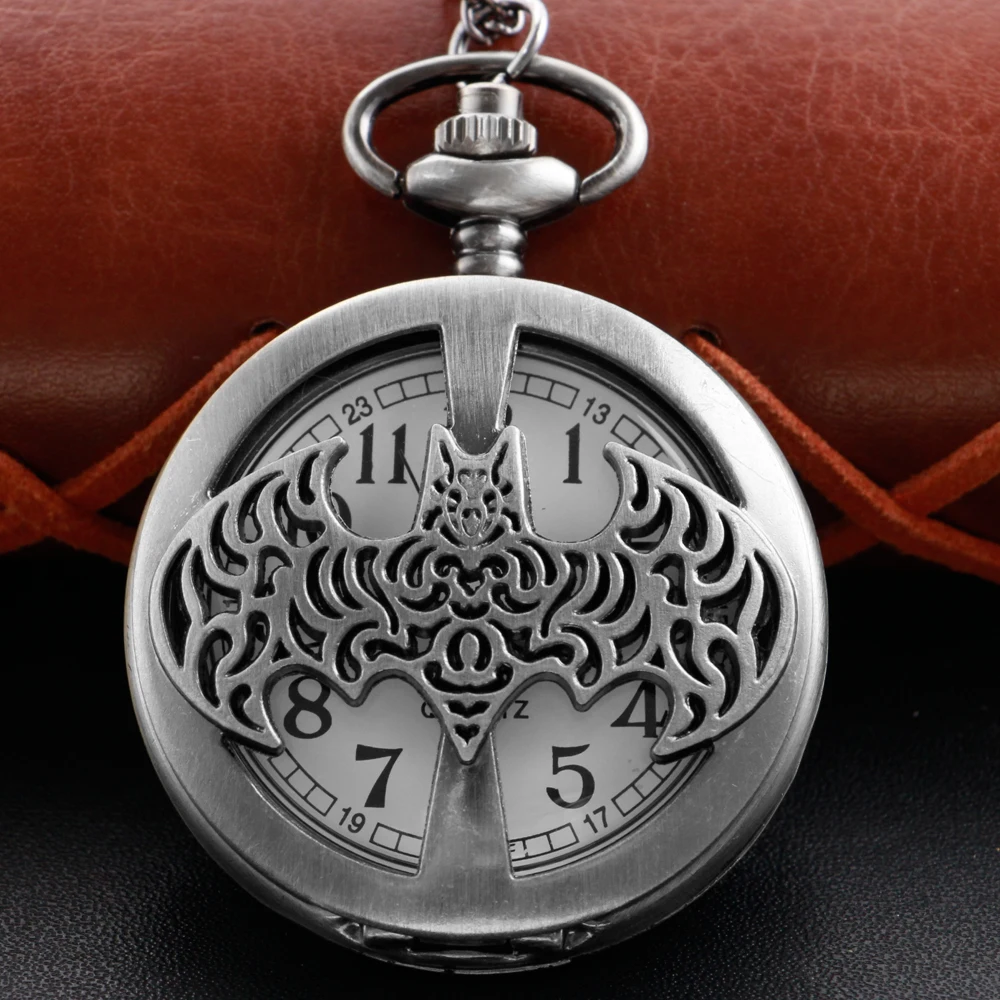 Grey Hollow Bat Embossed Arabic Digital Quartz Pocket Watch Necklace Pendant Clock Fob Chain Men's and Women's Cf1049