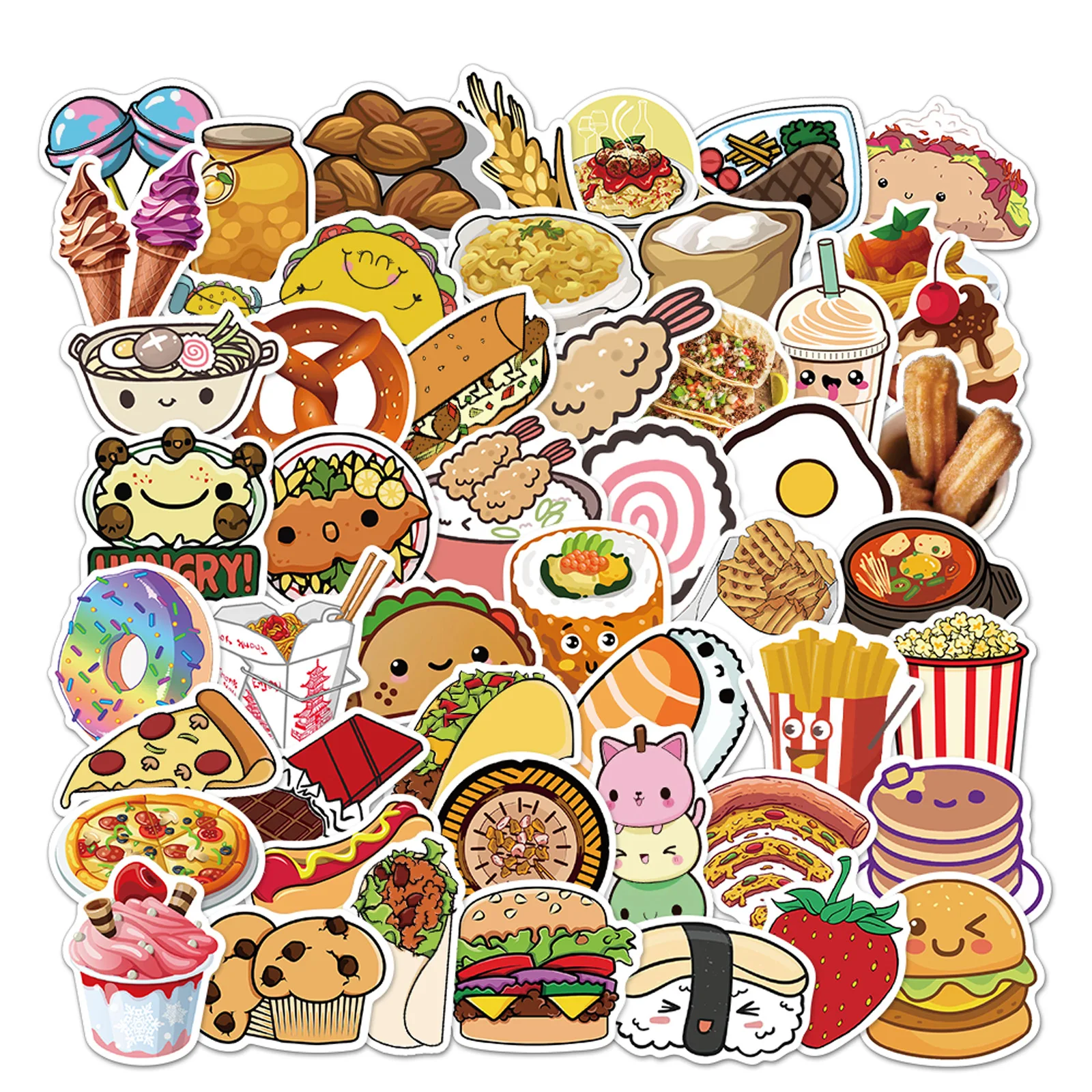50 Uds. De pegatinas Gourmet para comida, hamburguesa, patatas fritas, equipaje, portátil, pegatinas decorativas de comida de dibujos animados, Graffiti delicados, venta al por mayor