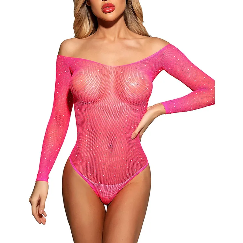 Sexy Fishnet Bodysuit See-Through Mesh Tight Women\'s Sparkling Rhinestone Body Socks Open Off Shoulder Sexy Fishnet Body Socks