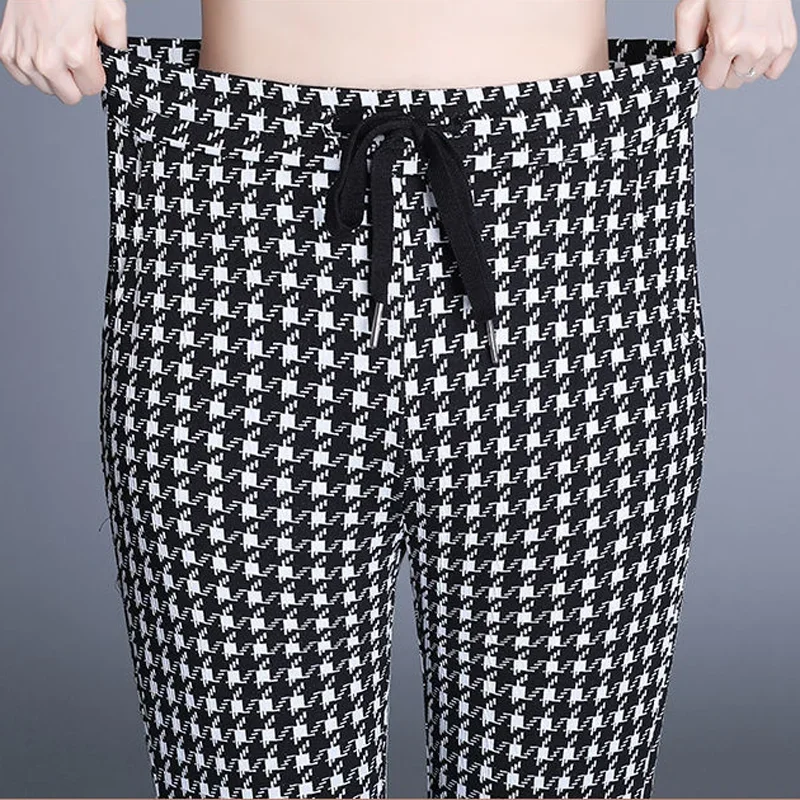 

Elegant Houndstooth Flare Pants Women Split Elastic High Waist Skinny Pantalones Vintage Capris Lace Up Bell-Bottom Z111