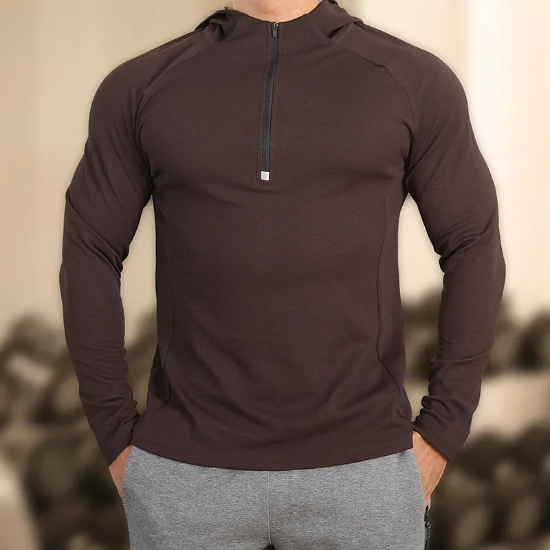 Men Outdoor Running Hoodies Fitness Sport Hooded Shirts Golf Half Zip Tops Workout Outer Clothing Male Cottony Sweatshirt