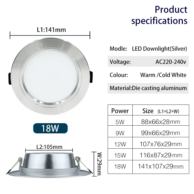 Spot lumineux Led pour le plafond, éclairage d\'intérieur, luminaire de plafond, 5/9/12/15/18W, AC 220/230/240V, 10 unités par lot