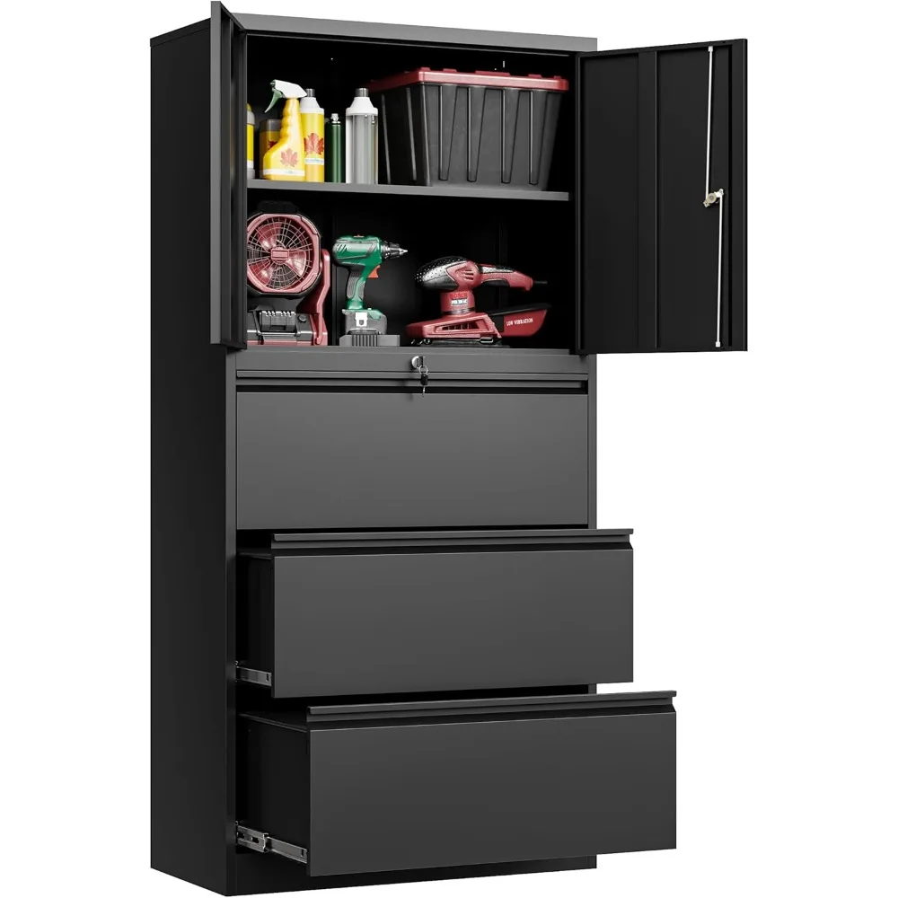 

3 Drawers Lateral File Cabinet with Lockable Drawer and Door- Large Steel Filing Cabinet for Home Office Hanging Files Letter