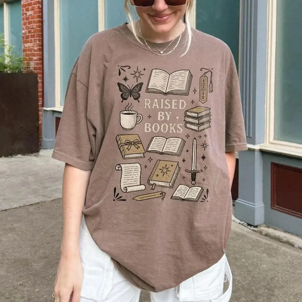 

Women Cotton T Shirt Raised By Books Shirt Bookish Boho Floral Shirt Vintage Floral Nature Shirt Fashion Crop Tops