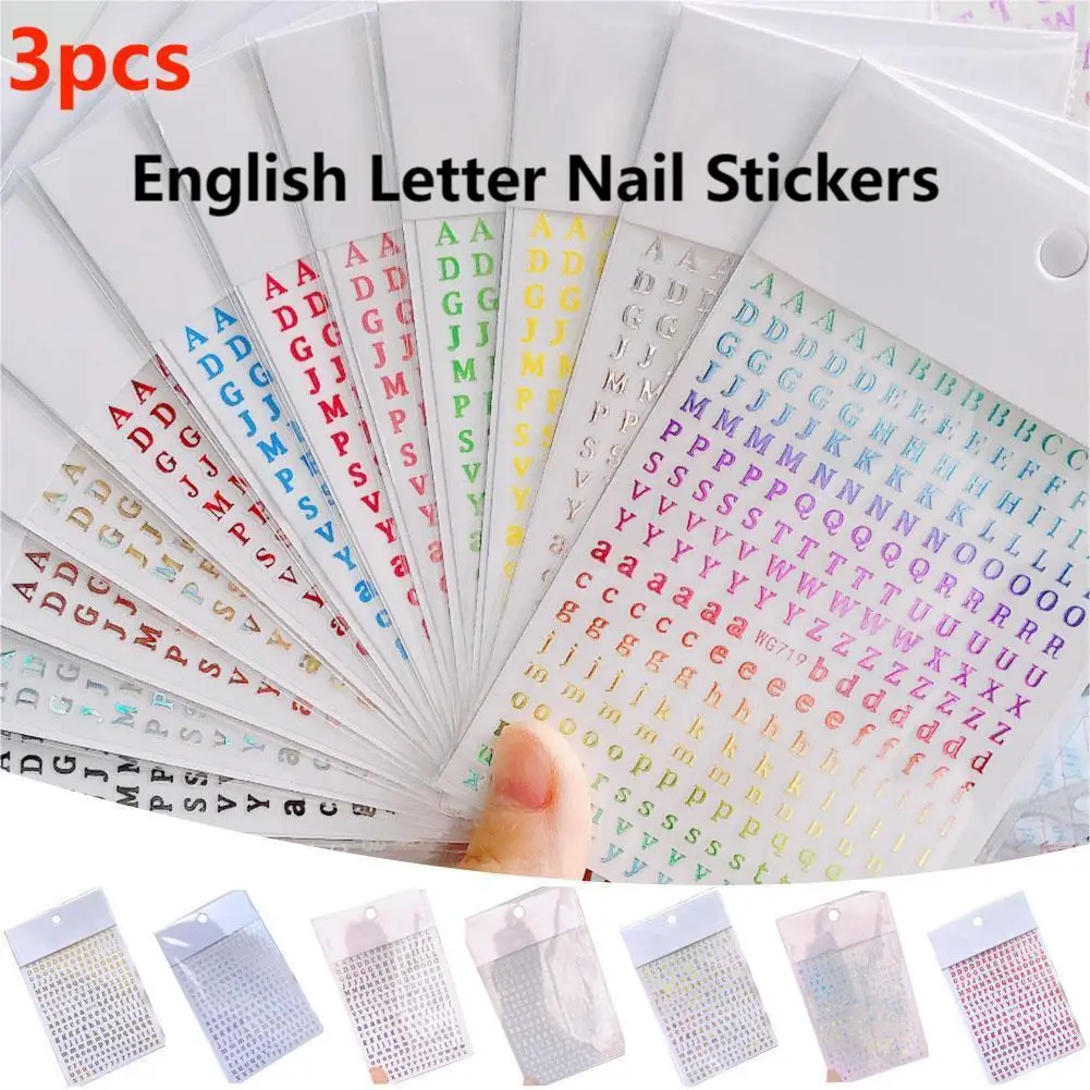 3 Stück Englisch Brief Nagel Aufkleber mehrfarbige lang anhaltende Festigkeit einfache Entfernung schützen Nägel Kunst Retro Laser Nail Art Ausrüstung